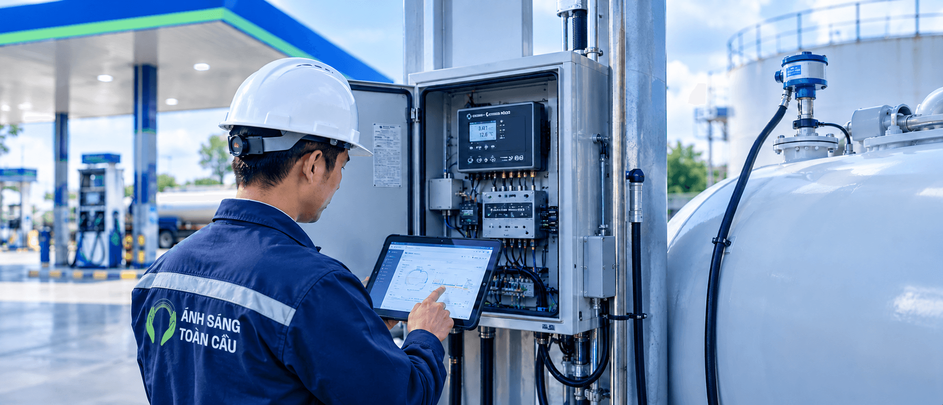 Kỹ thuật viên Ánh Sáng Toàn Cầu kiểm tra hệ thống tại trạm xăng dầu
